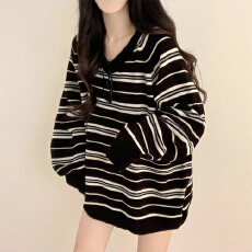 批发胖mm秋冬<b class='q'>韩版</b>毛衣宽松慵懒风细条纹套头长袖v领针织衫中长款上衣