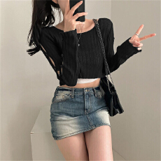 批发春季<b class='q'>韩版</b>清爽冰丝曲珠纯色坑条圆领袖子纽扣薄款针织衫防晒罩衫