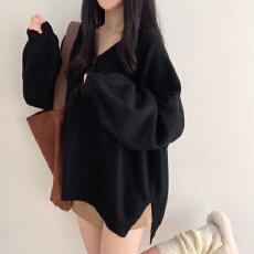 批发胖mm<b class='q'>中长款</b><b class='q'>毛衣</b>厚款<b class='q'>毛衣</b>慵懒风宽松v领针织衫下摆开叉灯笼袖韩版