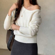 胖mm单边露肩长袖毛衣性感毛衣优雅收腰针织毛衣纯色套头衫