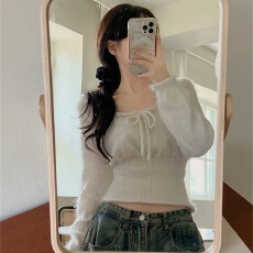 大码女装胖mm春季韩版纯色修身性感方领U型领蝴蝶结打底针织毛衣