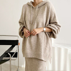 批发胖mm连帽中长款毛衣慵懒风宽松版泡泡袖<b class='q'>韩版</b>套头开叉卫衣针织上衣