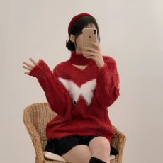 批发胖mm大码女装慵懒风挂脖毛衣胸前蝴蝶长毛水貂毛手工挂片针织圣诞
