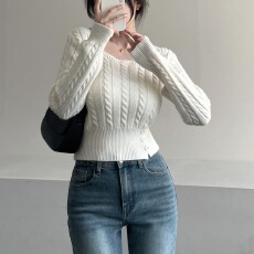 批发韩版麻花毛衣方领休闲秋冬纯色针织衫下摆纽扣开叉打底胖mm针织衫