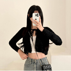 批发胖mm韩版水貂绒毛衣纯色长袖系带蝴蝶结开衫短款外套针织衫上衣