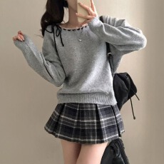 批发胖mm韩系系带蝴蝶结一字领毛衣纯色长袖针织衫chic软糯针织毛衣