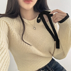 春季新款毛衣领口系带蝴蝶结性感露肩约会针织长袖针织衫毛衣女