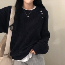 批发韩版ins慵懒长袖毛衣手工拼线套头针织衫纯色<b class='q'>通勤</b>胖mm圆领毛衣女