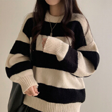 批发韩版冬季厚款条纹毛衣慵懒风宽松套头中长款长袖针织衫<b class='q'>通勤</b>春款女