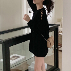 批发大码<b class='q'>女装</b> 胖mm毛衣裙韩版纯色中长款系带蝴蝶结露肩长袖针织衫女