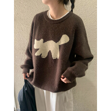 批发日系卡通毛衣可爱小猫图案简约INS慵懒宽松针织提花圆领长袖毛衣
