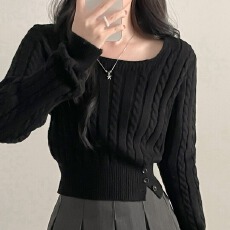 批发韩版胖mm毛衣麻花针织衫休闲春季纯色方领毛衣下摆单排扣开叉上衣