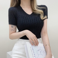 批发大码女装胖MM春夏新款短款性感超爱扭花V领麻花针织衫短袖毛衣女