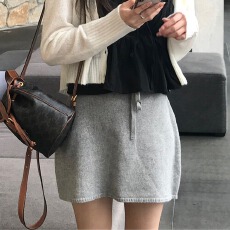 批发大码女装胖mm纯色收腰系带灰色短款半身裙简约A子摆针织毛衣短裙