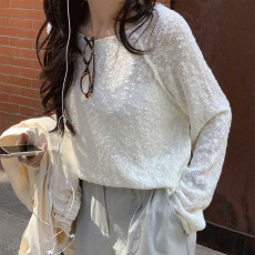 批发大码女装胖mm慵懒风宽松圆领小肚棉长袖罩衫日系薄款翻晒针织毛衣