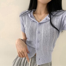批发韩版海军领薄款冰丝短袖连帽<b class='q'>针织</b><b class='q'>开衫</b>修身纯欲防晒纯色毛衣女上衣