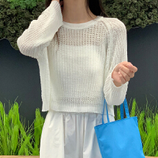 批发韩版纯色宽松慵懒风毛衣镂空小个子冰丝套头针织衫长袖毛衣罩衫