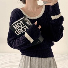 批发ins韩版圣诞毛衣方圆领拼色毛衣长袖性感短款麻花日系套头针织衫