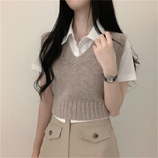 批发JK毛衣马甲背心纯色叠穿学院风V领套头短款无袖针织衫外穿可爱