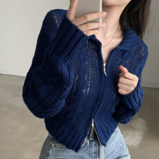 批发实拍 韩版麻花针织衫双拉链头毛衣外套翻领镂空短款开衫日系毛衣