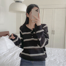 批发<b class='q'>大码</b>春夏日系毛衣半开衫纽扣圆领条纹韩版<b class='q'>针织衫</b>高智感宽松罩衫