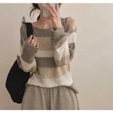 批发韩版毛衣微透露肩丝带蝴蝶结胖mm<b class='q'>针织衫</b>开叉性感毛衣宽松罩衫上衣