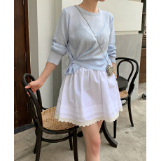 批发现有货韩版短款针织衫薄款毛衣<b class='q'>春</b>夏侧边系扣套头圆领长袖罩衫慵懒