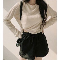 批发韩版短款<b class='q'>针织衫</b>薄款毛衣春夏侧边系扣套头圆领长袖罩衫慵懒风上衣