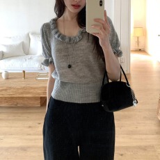 批发韩版木耳边U领短袖针织衫春<b class='q'>夏</b>薄款微透收腰设计小众设计毛衣上衣