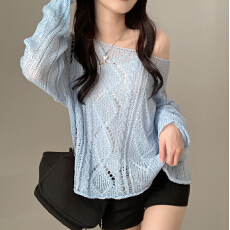 批发韩版针织衫镂空微透防晒罩衫纯色一字露肩冰丝麻花套头长袖毛衣女