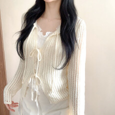 批发实拍 韩版长袖针织衫<b class='q'>开衫</b>系带蝴蝶结镂空薄款毛衣外套温柔气质女