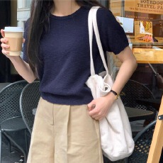 批发韩版毛衣圆领纯色套头针织衫慵懒风华夫格通勤新款短袖上衣女士