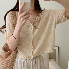 批发韩版薄款<b class='q'>圆领</b>短袖<b class='q'>针织</b><b class='q'>开衫</b>纯色单排扣夏天可穿冰爽上衣毛衣罩衫