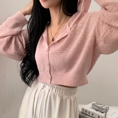 批发韩版薄短款<b class='q'>毛衣外套</b>慵懒风冰丝宽松纯色灯笼袖连帽长袖针织开衫