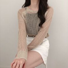 批发韩版镂空薄款罩衫慵懒风毛衣微透性感长袖针织衫纯色春夏<b class='q'>中长款</b>女