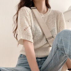 批发韩版毛衣薄款镂空短袖针织衫夏季冰丝短款上衣圆领纯色胖mm套头衫