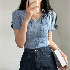 批发胖mm<b class='q'>夏</b>季短袖毛衣韩版ins小个子短款性感超爱扭花V领麻花针织衫