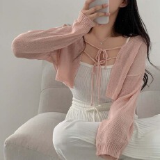 批发胖mm韩版毛衣短款披肩系带纯色<b class='q'>针织衫</b>双蝴蝶结<b class='q'>长袖</b>毛衣薄款外套女