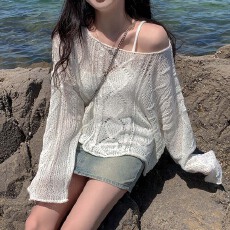 批发胖MM大码女装针织衫微透镂空防晒罩衫一字露肩冰丝麻花长袖毛衣女