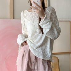 批发大码女装胖mm韩版日系夏季宽松圆领套头卷边中长款镂空针织毛衣