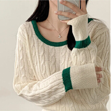 批发大码女装胖MMU型领ins韩版毛衣方圆领长袖性感短款麻花套头针织衫