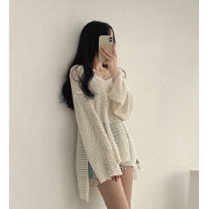 批发大码女装胖mm韩版一字肩露肩薄款冰丝长袖中长款套头针织衫毛衣