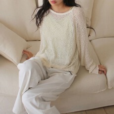 批发大码女装胖MM韩版薄微透性感华夫格一字肩露肩中长款宽松针织毛衣