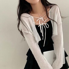 批发大码女装胖mm夏季防晒罩衫长袖双系带蝴蝶结短款针织披肩毛衣外套