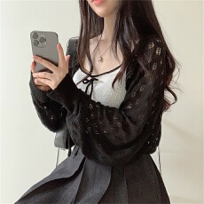 批发韩版爆款毛衣镂空重工短款胖mm针织开衫系带蝴蝶结罩衫长袖外套