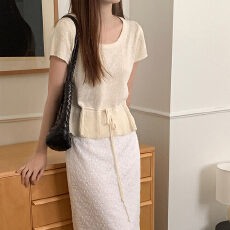 批发韩版毛衣纯色收腰显瘦圆领套头胖mm针织衫抽绳系带荷叶边优雅上衣