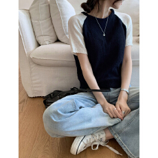 批发大码女装胖MM日系学院风复古撞色拼接短袖圆领套头冰丝针织毛衣