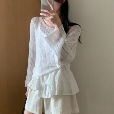 批发大码女装胖MM纯色薄款镂空套头沙滩防晒罩衫长袖针织衫中<b class='q'>长款</b>毛衣
