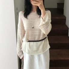 批发大码女装胖MM韩版日系镂空沙滩<b class='q'>户外</b>防晒罩衫一字露肩性感针织毛衣