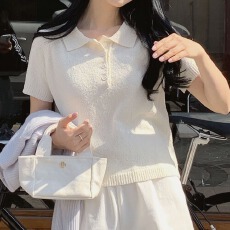 批发大码女装胖MM韩版毛衣学院风纯简约休闲短袖珠地polo翻领套头针织